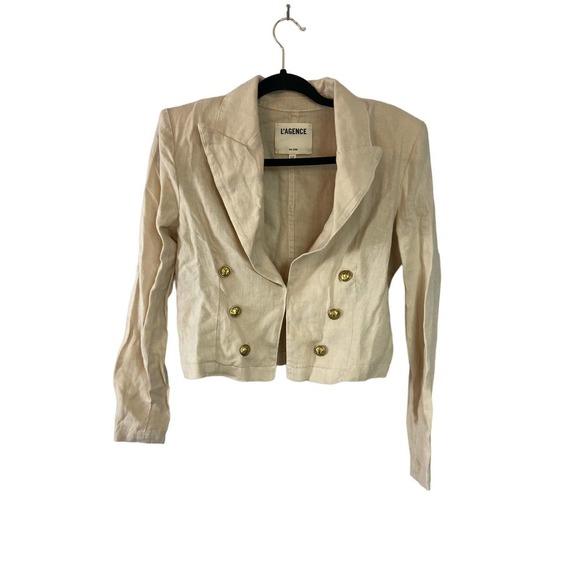 L'Agence Beige Dolly Cropped Double-Breasted Linen Blazer Size S - Picture 1 of 4